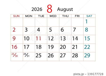 2026年カレンダー8月 2026年カレンダー8月 139177728