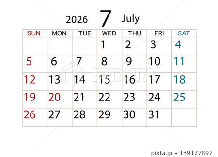 2026年カレンダー7月 ⑵ 2026年カレンダー7月 ⑵ 139177897