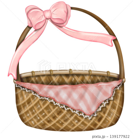 Hand drawn wicker basket collection illustration featuring various woven containers with handles ,ribbon and fabric covers for storage, picnic, and invitation,card decor use Hand drawn wicker basket collection illustration featuring various woven containers with handles ,ribbon and fabric covers for storage, picnic, and invitation,card decor use 139177922