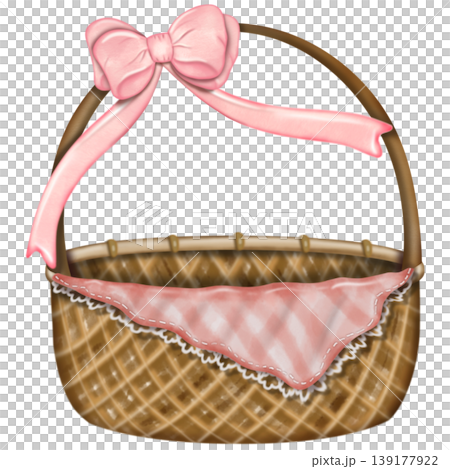 Hand drawn wicker basket collection illustration featuring various woven containers with handles ,ribbon and fabric covers for storage, picnic, and invitation,card decor use Hand drawn wicker basket collection illustration featuring various woven containers with handles ,ribbon and fabric covers for storage, picnic, and invitation,card decor use 139177922