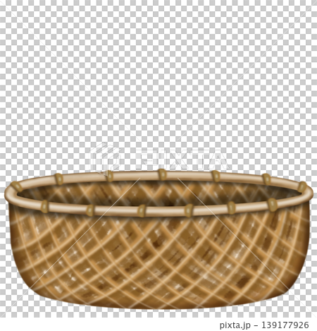 Hand drawn wicker basket collection illustration featuring various woven containers with handles ,ribbon and fabric covers for storage, picnic, and invitation,card decor use 139177926