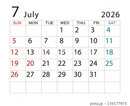 2026年カレンダー 7月 ⑵ 2026年カレンダー 7月 ⑵ 139177973