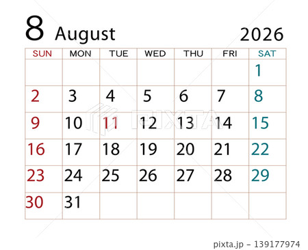 2026年カレンダー 8月 ⑵ 2026年カレンダー 8月 ⑵ 139177974
