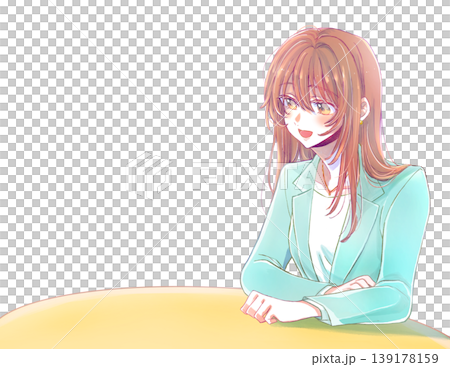 A woman in a suit, smiling, speaks at a desk. A woman in a suit, smiling, speaks at a desk. 139178159
