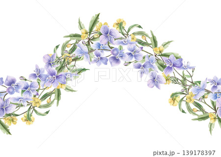 A seamless border of yellow and blue spring forest flowers in a wave shape. Watercolor illustration for design for cards, textiles, weddings, nature websites, and eco-themed designs. A seamless border of yellow and blue spring forest flowers in a wave shape. Watercolor illustration for design for cards, textiles, weddings, nature websites, and eco-themed designs. 139178397