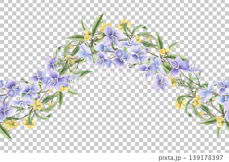 A seamless border of yellow and blue spring forest flowers in a wave shape. Watercolor illustration for design for cards, textiles, weddings, nature websites, and eco-themed designs. A seamless border of yellow and blue spring forest flowers in a wave shape. Watercolor illustration for design for cards, textiles, weddings, nature websites, and eco-themed designs. 139178397