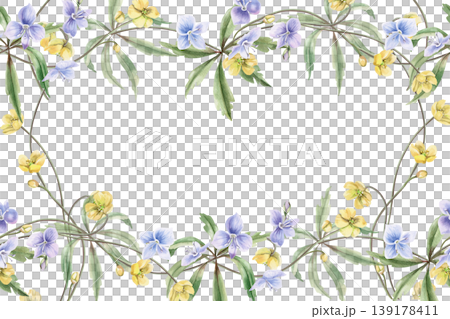 A rectangular frame of yellow and blue spring forest flowers. Watercolor illustration for design for cards, textiles, weddings, nature websites, and eco-themed designs. 139178411