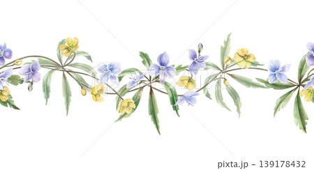 A seamless border of delicate stems of yellow and blue forest flowers and leaves. Watercolor illustration for designing greeting cards, textiles, weddings, nature websites, and eco-themed designs. A seamless border of delicate stems of yellow and blue forest flowers and leaves. Watercolor illustration for designing greeting cards, textiles, weddings, nature websites, and eco-themed designs. 139178432