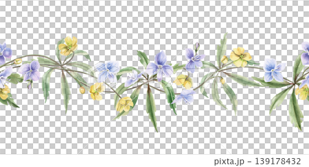 A seamless border of delicate stems of yellow and blue forest flowers and leaves. Watercolor illustration for designing greeting cards, textiles, weddings, nature websites, and eco-themed designs. A seamless border of delicate stems of yellow and blue forest flowers and leaves. Watercolor illustration for designing greeting cards, textiles, weddings, nature websites, and eco-themed designs. 139178432