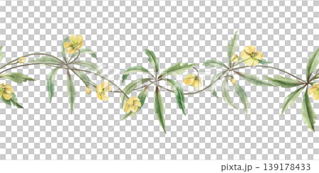 A seamless border of delicate stems of yellow forest flowers and leaves. Watercolor illustration for designing greeting cards, textiles, weddings, nature websites, and eco-themed designs. A seamless border of delicate stems of yellow forest flowers and leaves. Watercolor illustration for designing greeting cards, textiles, weddings, nature websites, and eco-themed designs. 139178433