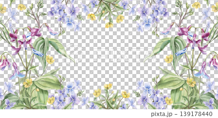 A rectangular frame of various spring forest flowers and leaves. This hand-drawn watercolor illustration is perfect for greeting cards, textiles, weddings, nature websites, and eco-themed designs. 139178440