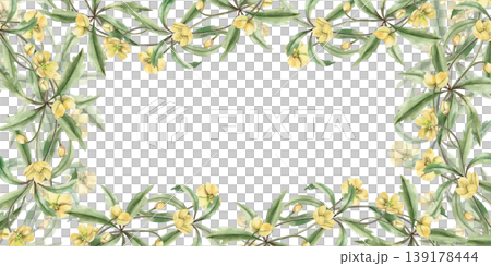 A rectangular frame of delicate yellow spring flowers. This hand-drawn watercolor illustration is perfect for greeting cards, textiles, weddings, nature websites, and eco-themed designs. A rectangular frame of delicate yellow spring flowers. This hand-drawn watercolor illustration is perfect for greeting cards, textiles, weddings, nature websites, and eco-themed designs. 139178444