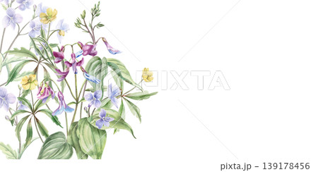 A rectangular frame of spring flowers in yellow and violet-blue. Watercolor illustration for design for cards, textiles, weddings, nature websites, and eco-themed designs. A rectangular frame of spring flowers in yellow and violet-blue. Watercolor illustration for design for cards, textiles, weddings, nature websites, and eco-themed designs. 139178456