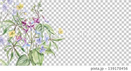 A rectangular frame of spring flowers in yellow and violet-blue. Watercolor illustration for design for cards, textiles, weddings, nature websites, and eco-themed designs. A rectangular frame of spring flowers in yellow and violet-blue. Watercolor illustration for design for cards, textiles, weddings, nature websites, and eco-themed designs. 139178456