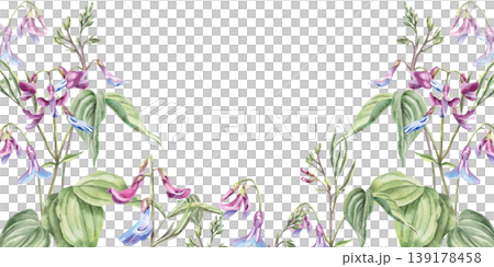 A rectangular frame of delicate spring flowers in violet and blue with leaves. Watercolor illustration for designing greeting cards, textiles, weddings, nature websites, and eco-themed designs. A rectangular frame of delicate spring flowers in violet and blue with leaves. Watercolor illustration for designing greeting cards, textiles, weddings, nature websites, and eco-themed designs. 139178458
