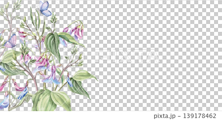 A rectangular corner frame of delicate violet-blue forest flowers and leaves. This hand-drawn watercolor illustration is perfect for cards, textiles, weddings, nature websites, and eco-themed designs. A rectangular corner frame of delicate violet-blue forest flowers and leaves. This hand-drawn watercolor illustration is perfect for cards, textiles, weddings, nature websites, and eco-themed designs. 139178462