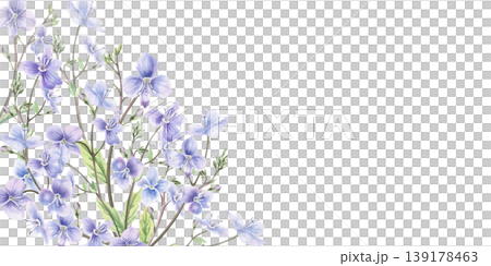 A rectangular corner frame of delicate violet-blue forest flowers. This hand-drawn watercolor illustration is perfect for cards, textiles, weddings, nature websites, and eco-themed designs. A rectangular corner frame of delicate violet-blue forest flowers. This hand-drawn watercolor illustration is perfect for cards, textiles, weddings, nature websites, and eco-themed designs. 139178463