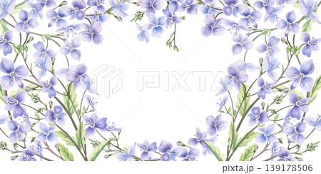 A rectangular frame of blue forest wildflowers and leaves. This hand-drawn watercolor illustration is perfect for cards, textiles, weddings, nature websites, and eco-themed designs. A rectangular frame of blue forest wildflowers and leaves. This hand-drawn watercolor illustration is perfect for cards, textiles, weddings, nature websites, and eco-themed designs. 139178506