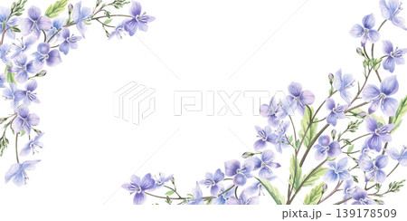 Rectangular frame with wild forget-me-not flowers. Hand-drawn watercolor illustration for design for cards, textiles, weddings, nature websites, and eco-themed designs. 139178509