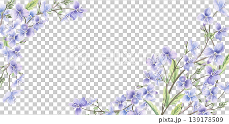 Rectangular frame with wild forget-me-not flowers. Hand-drawn watercolor illustration for design for cards, textiles, weddings, nature websites, and eco-themed designs. 139178509
