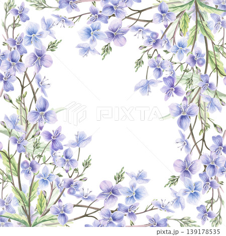 A square frame of wild, delicate forget-me-nots. This hand-drawn watercolor illustration is perfect for cards, textiles, weddings, nature websites, and eco-themed designs. A square frame of wild, delicate forget-me-nots. This hand-drawn watercolor illustration is perfect for cards, textiles, weddings, nature websites, and eco-themed designs. 139178535