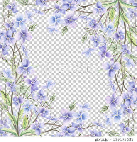 A square frame of wild, delicate forget-me-nots. This hand-drawn watercolor illustration is perfect for cards, textiles, weddings, nature websites, and eco-themed designs. A square frame of wild, delicate forget-me-nots. This hand-drawn watercolor illustration is perfect for cards, textiles, weddings, nature websites, and eco-themed designs. 139178535