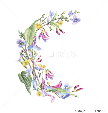 A semicircular bouquet of multicolored spring forest flowers. Watercolor illustration for design for cards, textiles, weddings, nature websites, and eco-themed designs. A semicircular bouquet of multicolored spring forest flowers. Watercolor illustration for design for cards, textiles, weddings, nature websites, and eco-themed designs. 139178555