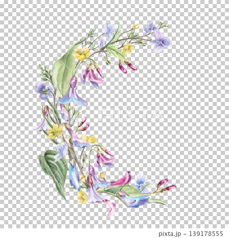 A semicircular bouquet of multicolored spring forest flowers. Watercolor illustration for design for cards, textiles, weddings, nature websites, and eco-themed designs. A semicircular bouquet of multicolored spring forest flowers. Watercolor illustration for design for cards, textiles, weddings, nature websites, and eco-themed designs. 139178555
