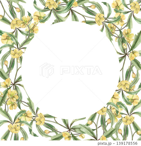 A round frame of spring forest yellow flowers with carved leaves. Watercolor illustration for design for cards, textiles, weddings, nature websites, and eco-themed designs. A round frame of spring forest yellow flowers with carved leaves. Watercolor illustration for design for cards, textiles, weddings, nature websites, and eco-themed designs. 139178556