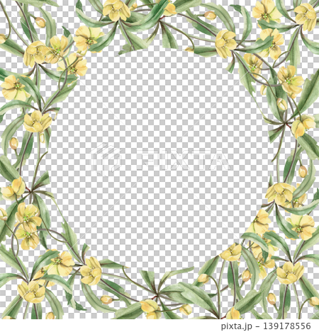 A round frame of spring forest yellow flowers with carved leaves. Watercolor illustration for design for cards, textiles, weddings, nature websites, and eco-themed designs. A round frame of spring forest yellow flowers with carved leaves. Watercolor illustration for design for cards, textiles, weddings, nature websites, and eco-themed designs. 139178556