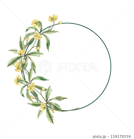 A round wreath of spring forest yellow flowers. This hand-drawn watercolor illustration is perfect for greeting cards, textiles, weddings, nature websites, and eco-themed designs. A round wreath of spring forest yellow flowers. This hand-drawn watercolor illustration is perfect for greeting cards, textiles, weddings, nature websites, and eco-themed designs. 139178559