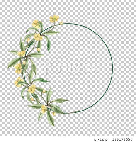 A round wreath of spring forest yellow flowers. This hand-drawn watercolor illustration is perfect for greeting cards, textiles, weddings, nature websites, and eco-themed designs. A round wreath of spring forest yellow flowers. This hand-drawn watercolor illustration is perfect for greeting cards, textiles, weddings, nature websites, and eco-themed designs. 139178559