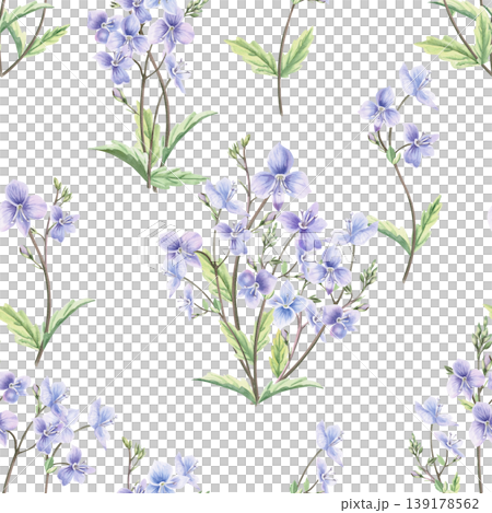 A seamless pattern with bouquets of wild forget-me-not flowers. This hand-drawn watercolor illustration is perfect for designs for cards, textiles, weddings, nature websites, and eco-themed designs. 139178562