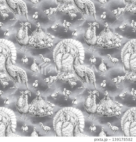 A seamless pattern on a gray background with a family of inuks and chickens. Pencil illustration for design in the fields of animal husbandry, farming, agriculture, poultry farming, and restaurants. A seamless pattern on a gray background with a family of inuks and chickens. Pencil illustration for design in the fields of animal husbandry, farming, agriculture, poultry farming, and restaurants. 139178582