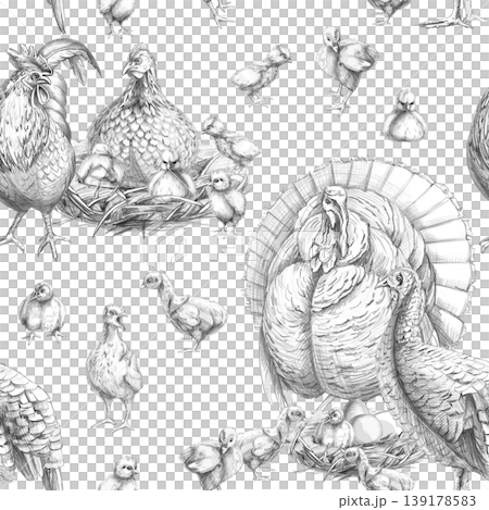 A seamless pattern featuring a family of turkeys and chickens. This pencil illustration is perfect for interior design, restaurants, and labels related to livestock, agriculture, and poultry farming. A seamless pattern featuring a family of turkeys and chickens. This pencil illustration is perfect for interior design, restaurants, and labels related to livestock, agriculture, and poultry farming. 139178583
