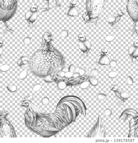 A seamless pencil pattern with a hen, eggs, chicks, and a rooster. The illustration is suitable for designs in the fields of livestock farming, agriculture, poultry, menus, restaurants, and labels. 139178587