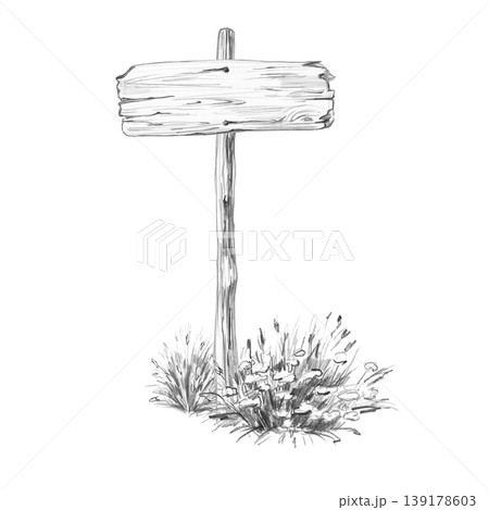 An old wooden sign in the grass. This isolated pencil illustration is suitable for design in the fields of transportation, travel, ecology, agriculture, education, and business. 139178603