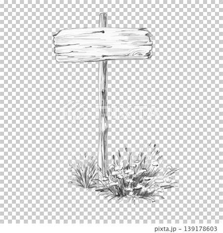 An old wooden sign in the grass. This isolated pencil illustration is suitable for design in the fields of transportation, travel, ecology, agriculture, education, and business. 139178603