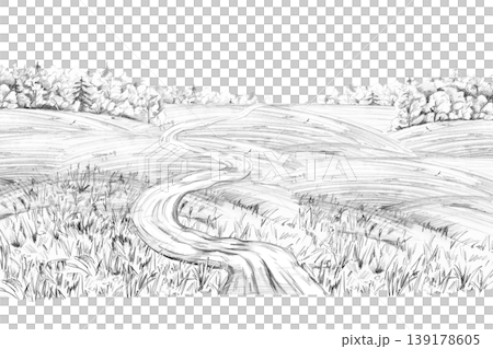 A winding country road among hills and forests. This isolated pencil illustration is suitable for design in the fields of transportation, travel, ecology, agriculture, education, and business. A winding country road among hills and forests. This isolated pencil illustration is suitable for design in the fields of transportation, travel, ecology, agriculture, education, and business. 139178605