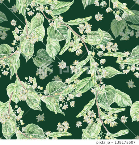 A seamless pattern with blooming linden branches on a dark green background. Watercolor illustration for pharmaceutical design, menus, organic products, and restaurants. 139178607