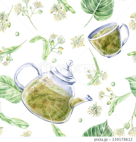 A seamless pattern with a teapot and cup of linden tea and linden flowers. Watercolor illustration for pharmaceutical design, menus, organic products, and restaurants. A seamless pattern with a teapot and cup of linden tea and linden flowers. Watercolor illustration for pharmaceutical design, menus, organic products, and restaurants. 139178612
