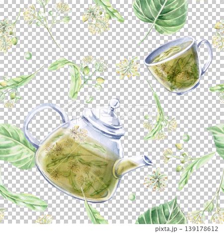 A seamless pattern with a teapot and cup of linden tea and linden flowers. Watercolor illustration for pharmaceutical design, menus, organic products, and restaurants. A seamless pattern with a teapot and cup of linden tea and linden flowers. Watercolor illustration for pharmaceutical design, menus, organic products, and restaurants. 139178612