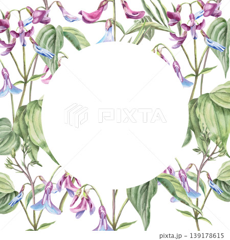 A round frame of delicate forest flowers and Lathyrus vernus leaves. This isolated watercolor illustration is perfect for wedding card designs, textiles, nature websites, and eco-themed designs. A round frame of delicate forest flowers and Lathyrus vernus leaves. This isolated watercolor illustration is perfect for wedding card designs, textiles, nature websites, and eco-themed designs. 139178615