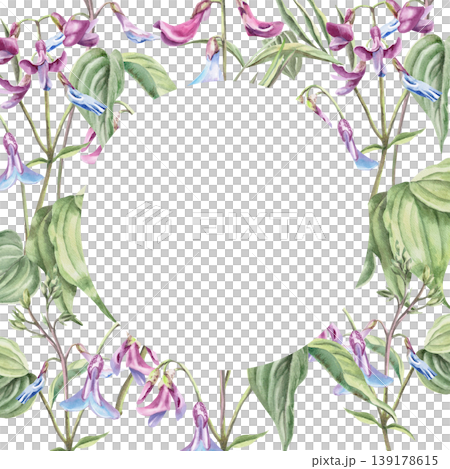 A round frame of delicate forest flowers and Lathyrus vernus leaves. This isolated watercolor illustration is perfect for wedding card designs, textiles, nature websites, and eco-themed designs. A round frame of delicate forest flowers and Lathyrus vernus leaves. This isolated watercolor illustration is perfect for wedding card designs, textiles, nature websites, and eco-themed designs. 139178615