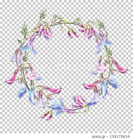 A wreath of delicate forest flowers and Lathyrus vernus leaves. This isolated watercolor illustration is perfect for wedding card designs, textiles, nature websites, and eco-themed projects. A wreath of delicate forest flowers and Lathyrus vernus leaves. This isolated watercolor illustration is perfect for wedding card designs, textiles, nature websites, and eco-themed projects. 139178634