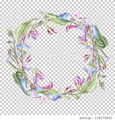 A wreath of delicate forest flowers (Lathyrus vernus). This isolated watercolor illustration is perfect for postcards, textiles, nature websites, and eco-themed designs. A wreath of delicate forest flowers (Lathyrus vernus). This isolated watercolor illustration is perfect for postcards, textiles, nature websites, and eco-themed designs. 139178641