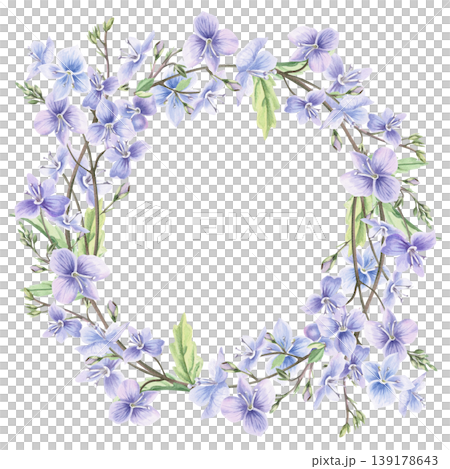 A wreath of delicate bouquets of wild forest forget-me-not flowers and leaves. This isolated watercolor illustration is perfect for postcards, textiles, nature websites, and eco-themed designs. A wreath of delicate bouquets of wild forest forget-me-not flowers and leaves. This isolated watercolor illustration is perfect for postcards, textiles, nature websites, and eco-themed designs. 139178643