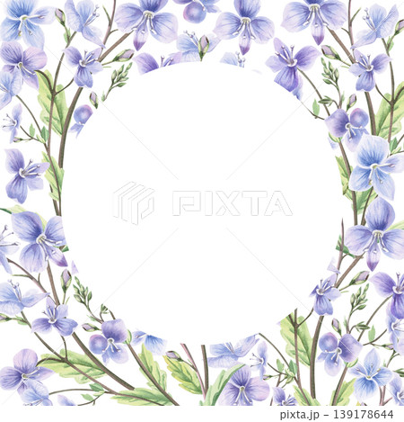 A round frame of bouquets of delicate wild forest forget-me-nots. This isolated watercolor illustration is perfect for postcards, textiles, nature websites, and eco-themed designs. 139178644