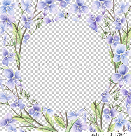 A round frame of bouquets of delicate wild forest forget-me-nots. This isolated watercolor illustration is perfect for postcards, textiles, nature websites, and eco-themed designs. A round frame of bouquets of delicate wild forest forget-me-nots. This isolated watercolor illustration is perfect for postcards, textiles, nature websites, and eco-themed designs. 139178644