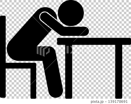 A pictogram of a tired businessman slumped over his desk. A pictogram of a tired businessman slumped over his desk. 139178691
